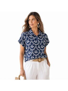 Fig + Flower Boho Floral Embroidered Women Navy White Button-Up Shirt L Prairie